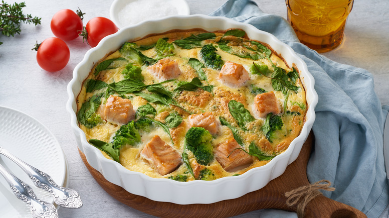 A large dish of salmon frittata.