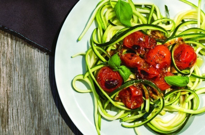 Zucchini Spaghetti with Blackened Tomatoes