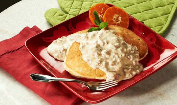 Buttermilk Biscuit Pancakes with Sausage Gravy Recipe by Lauren Gordon